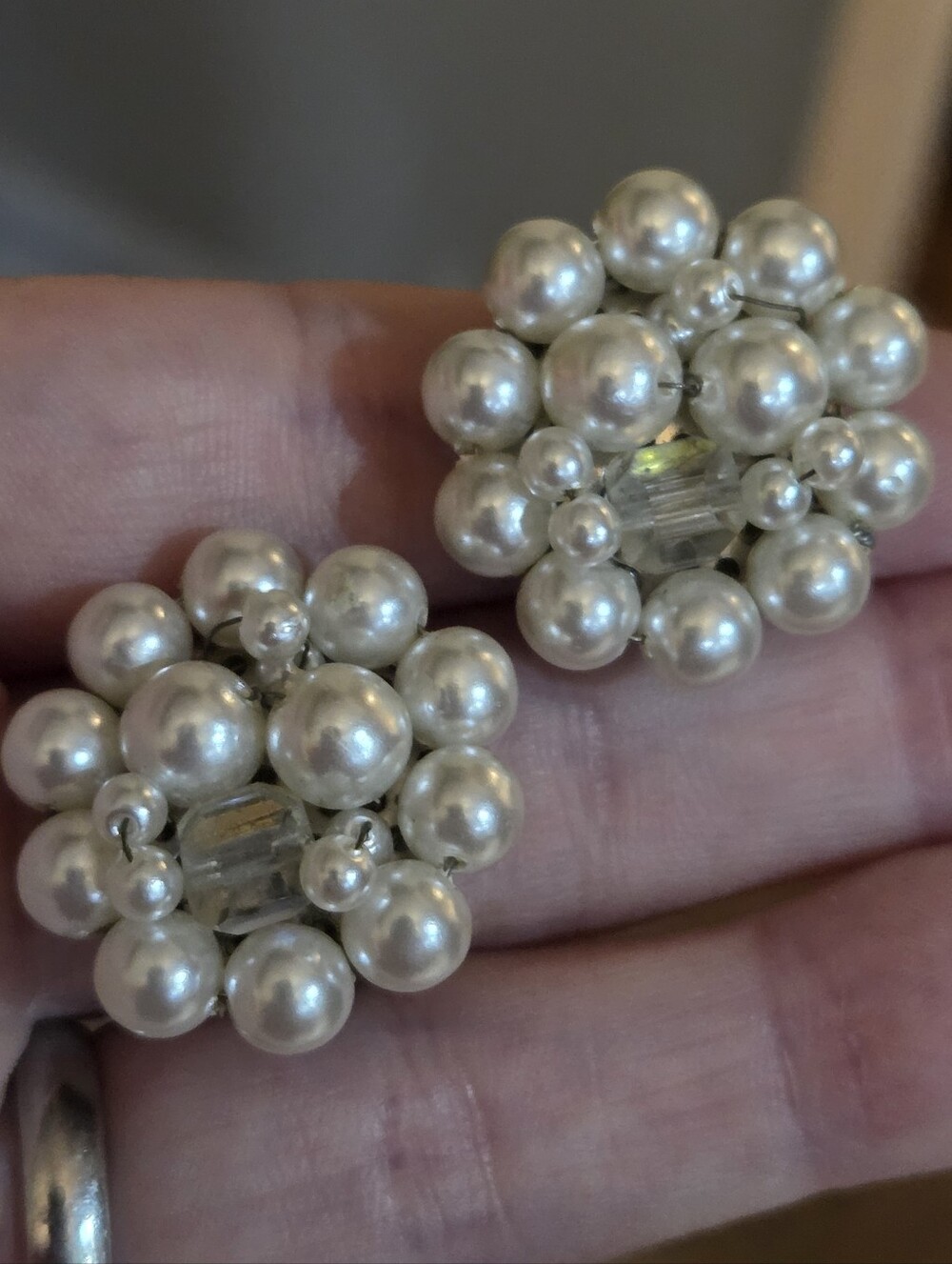 Vintage Japan Faux Pearl Cluster Clear Bead Clip On Earrings
